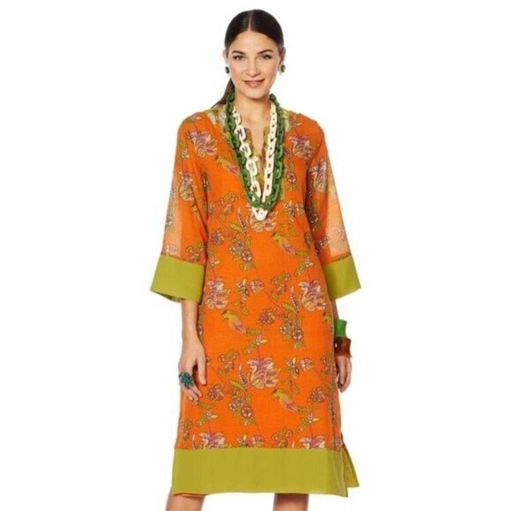 NWT Rara Avis by Iris Apfel Bird Floral Print Caftan in Orange Dress M